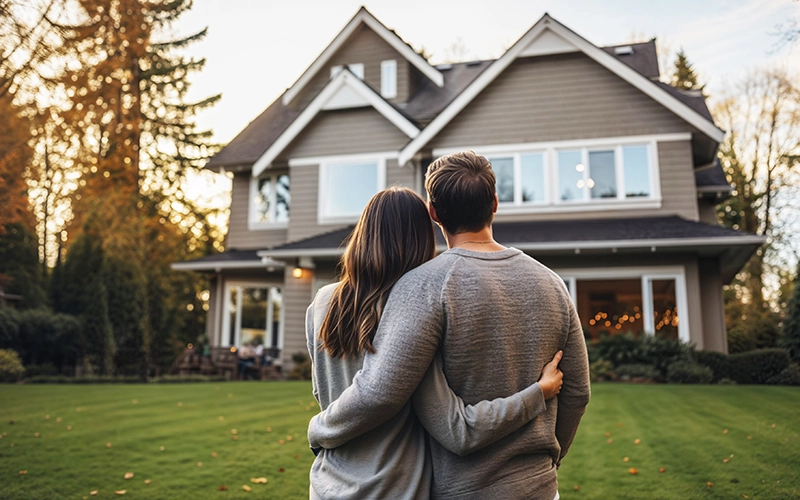 family in front of new home